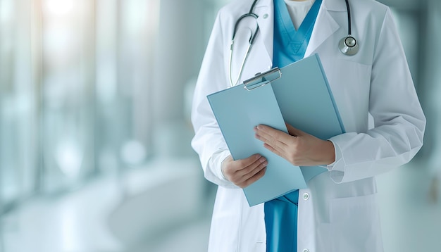 Young female doctor with file folder in hands on white modern cl