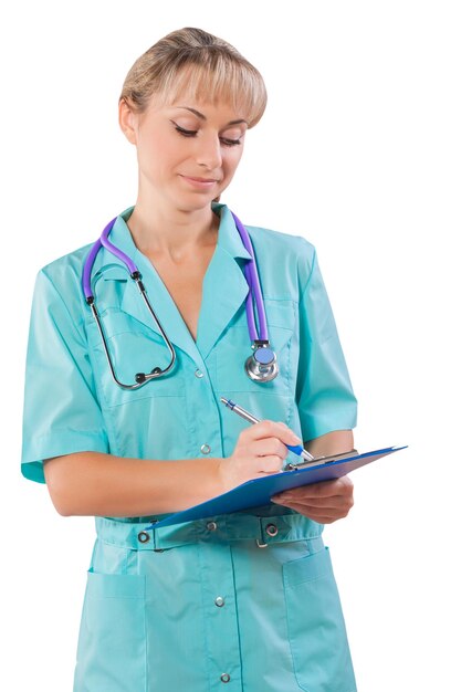 A young female doctor writing in clipboard