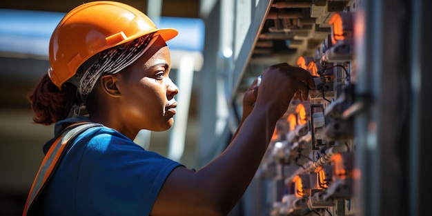 young female electrician in hardhat at work High quality photo Generative AI