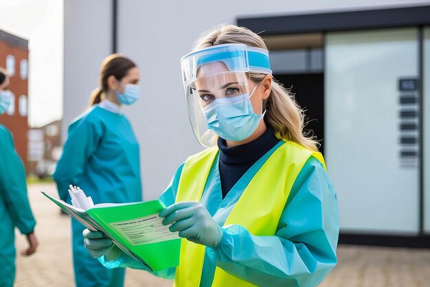 Photo young female ems key worker doctor in front of healthcare icu facilitywearing protective ppe face mask equipmentholding medical lab patient health check formuk us covid19 pandemic outbreak crisis