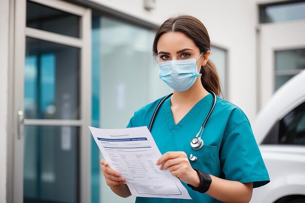 Young female EMS key worker doctor in front of healthcare ICU facilitywearing protective PPE face mask equipmentholding medical lab patient health check formUK US COVID19 pandemic outbreak crisis