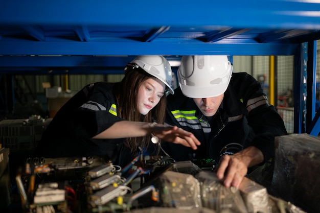 Молодая женщина-инженер и мужчина-руководитель работают вместе на складе запасных частей для роботизированной руки.