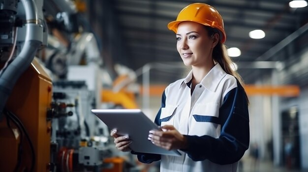 Photo young female engineer using a tablet computer researching and developing a futuristic robotic arm