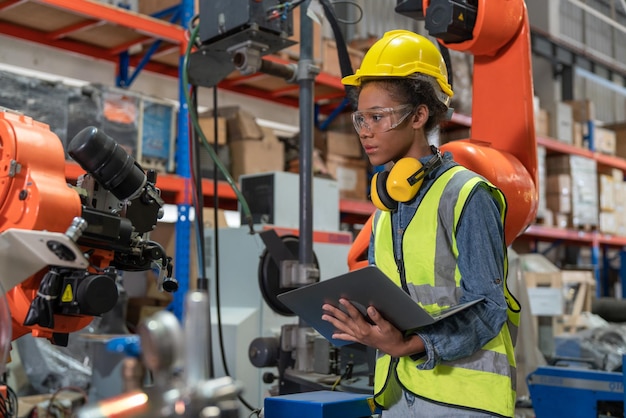 Photo young female engineer with tablet operating welding robot arm machine in warehouse factory