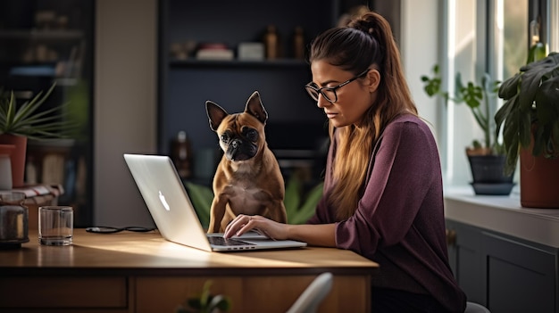 若い女性起業家が犬をそばに置きながらラップトップに座り、ホーム オフィスで仕事をしています。生成 AI テクノロジーで作成されました。