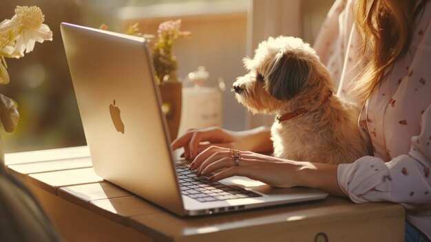 Young female entrepreneur works from a home office sitting at her laptop with her dog by her side Created with Generative AI technology