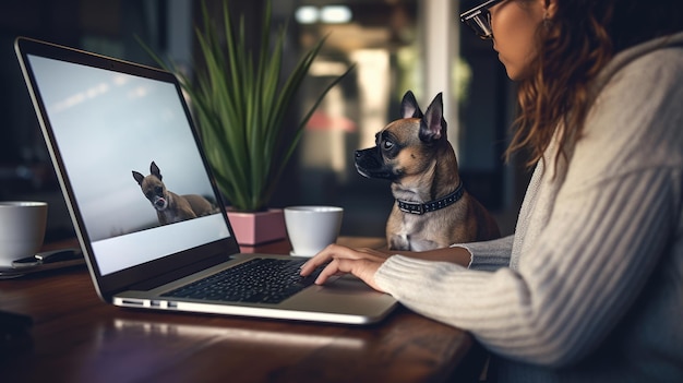Photo young female entrepreneur works from a home office sitting at her laptop with her dog by her side created with generative ai technology