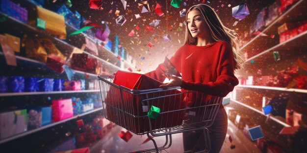 Young female exams shopping behind a shopping cart Ai Generative