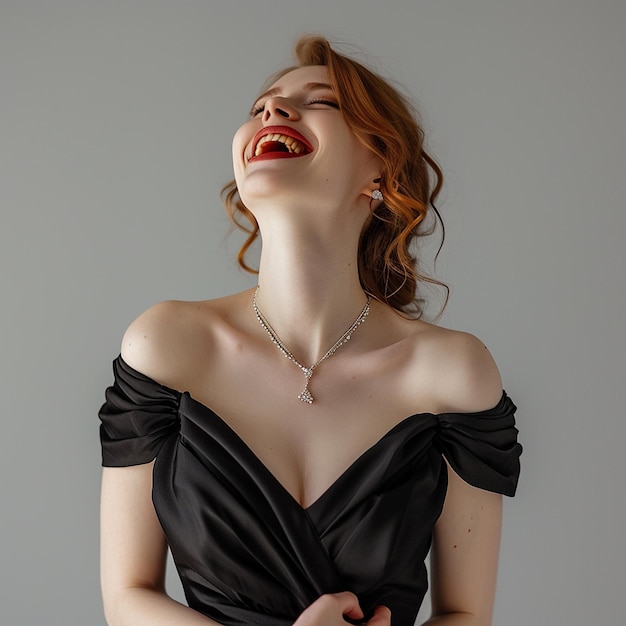 young female fashion model laughing in black dress on gray background