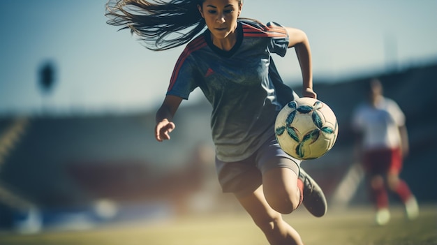 写真 若い女子サッカー選手がサッカーを蹴ってグラウンドで走る