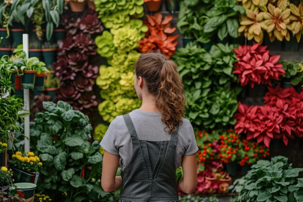 Young Female Gardener Smiling by a Lush Vertical Garden Display