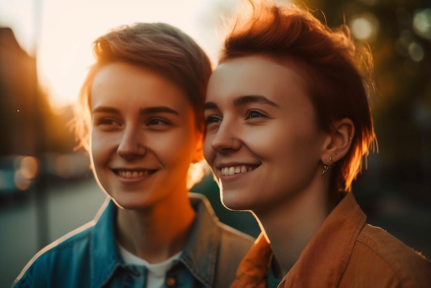 Photo young female gay couple smiling outdoor portrait cinematic style soft focus ai generated