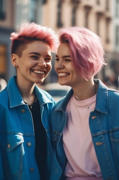 Photo young female gay couple smiling outdoor portrait cinematic style soft focus ai generated