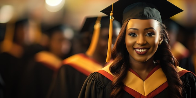 A young female graduate against the background of university graduates