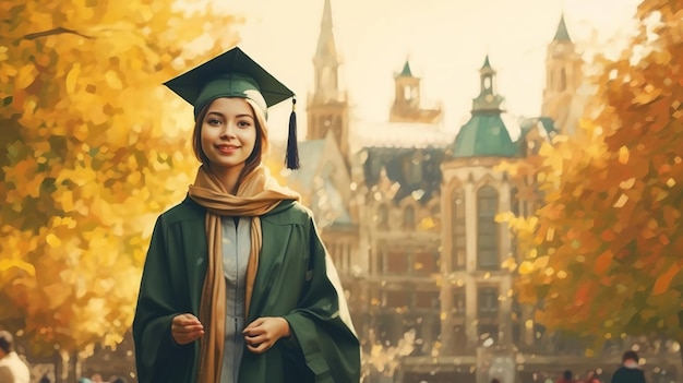 A young female graduate against the background of university graduates