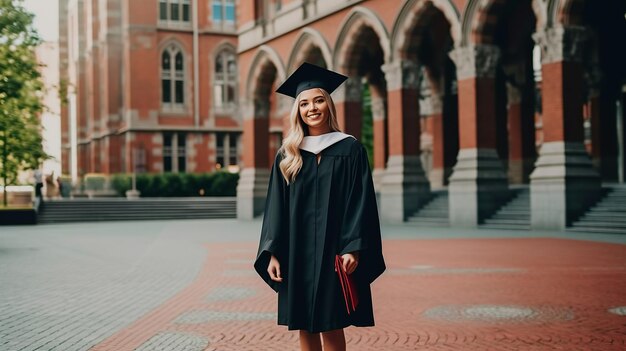 A young female graduate against the background of university graduates