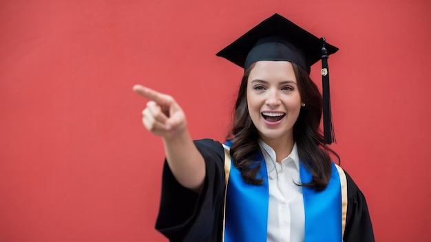 Young female graduate pointing at upper left corner in academic dress and looking energetic