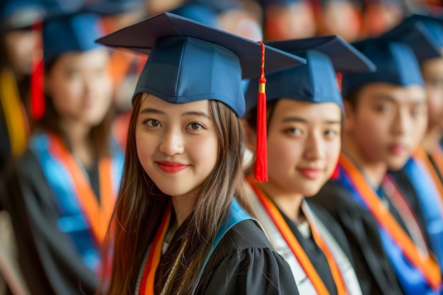 Young Female Graduate Smiling Proudly with Fellow Graduates in Background at Commencement Ceremony