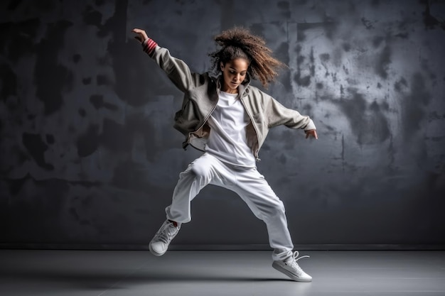 Photo young female hip hop dancer dancing in front of grey wall in grey clothes