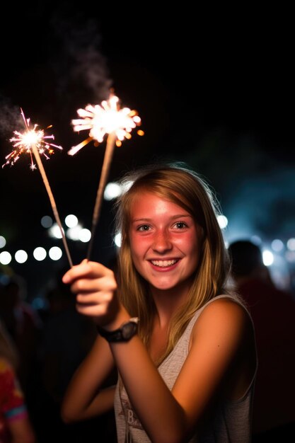 A young female holding up her sparklers at a festival created with generative ai