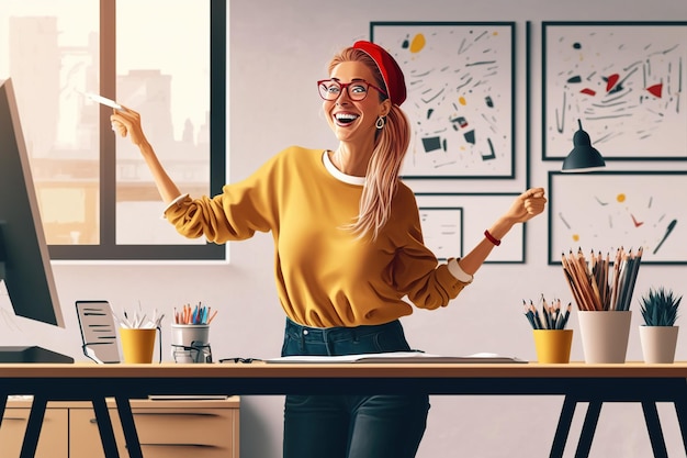 A young female illustrator in her studio dances and smiles at her designs Ai generated