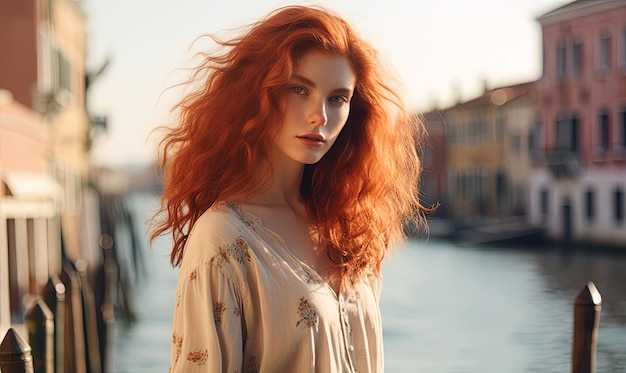 Young female influencer in her 20s with red hair in Venice Italy generative Ai