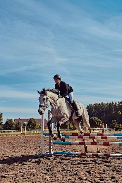 Young female jockey on dapple gray horse jumping over hurdle in the open arena.