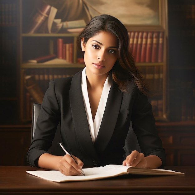 Photo young female lawyer or judge sitting in the cabin