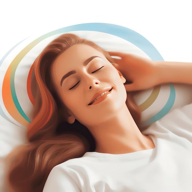 감정 에너지 롤러 웨이브 흰색 배경의 스타일로 침대에 누워있는 젊은 여성