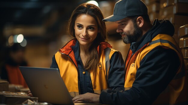 Foto giovane dirigente femminile in uniforme che usa il portatile per un collega nel magazzino