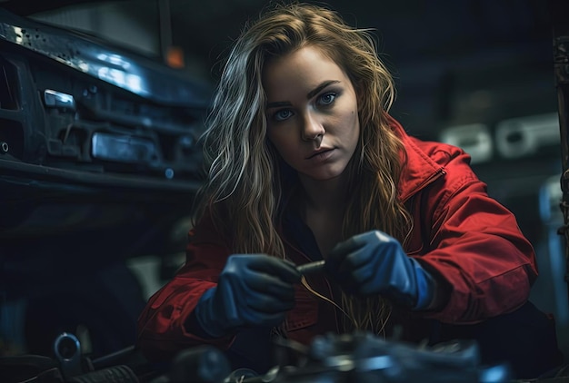 Foto giovane meccanico femminile che controlla gli strumenti meccanici all'interno dello showroom nello stile di un'atmosfera minacciosa