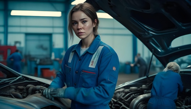 Photo young female mechanic trying to repair a car engine breakdown