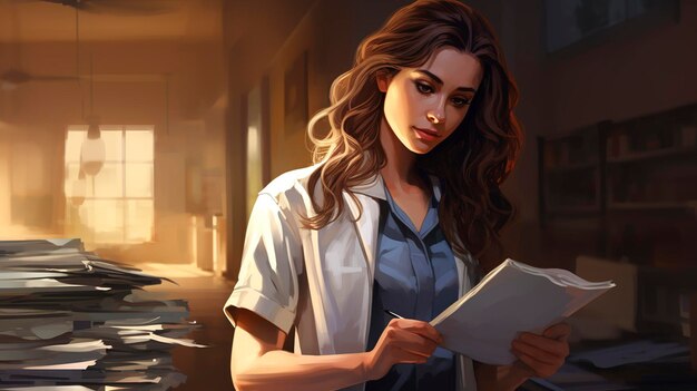 Young female medical student working at the hospital and medical staff