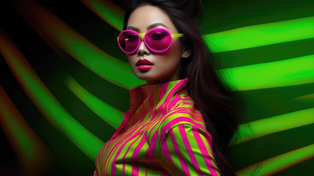 Young female model posing with trendy fashion outfit and colorful green optical art abstract background Picturesque generative AI