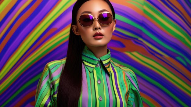 Young female model posing with trendy fashion outfit and colorful green optical art abstract background picturesque generative ai