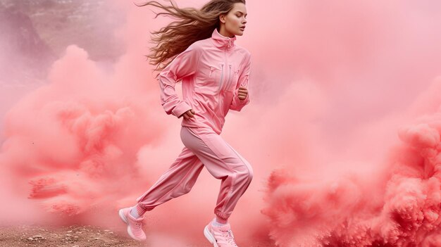 Photo a young female model wearing a pink tracksuit is running in a field of pink smoke