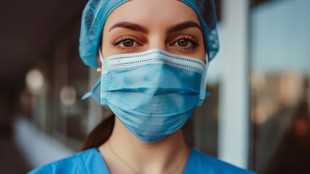 수술 마스크와 스크럽을 입은 젊은 여성 간호사