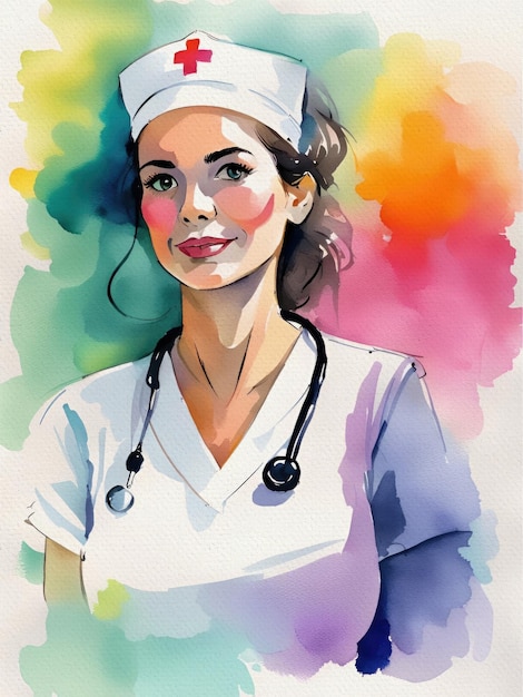 Photo young female nurse watercolor painting