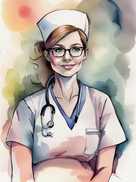 Photo young female nurse watercolor painting