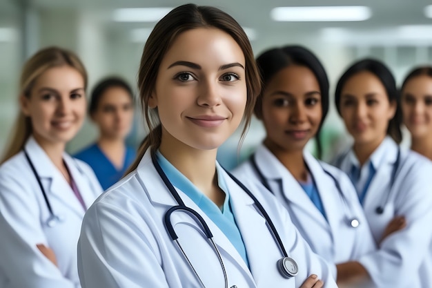 Young female nursing student with her team of medical students and Group of doctors Unity concept Junior doctor portrait Medical internship Inclusive and diverse healthcare team concept