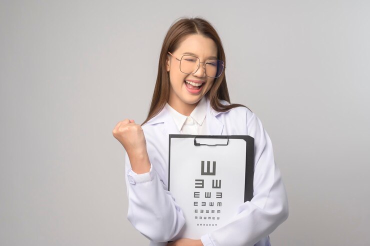 Photo 戴眼鏡的年輕女性眼科醫生,在藍色背景上拿著眼科圖表