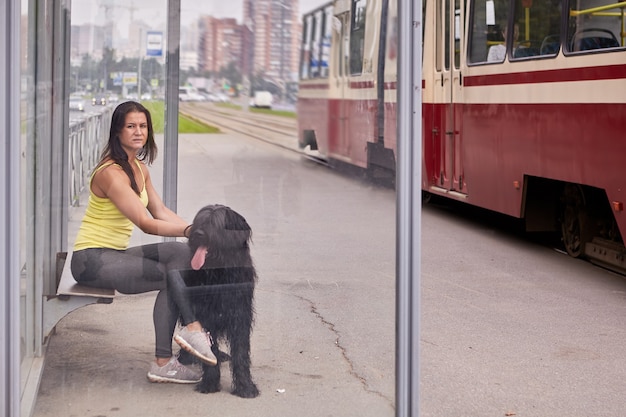 Photo young female owner with briard are sitting on public transport station with tram on background.