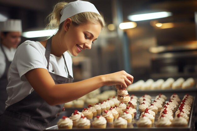 Foto giovane pasticceria che decora cupcakes nella cucina del ristorante