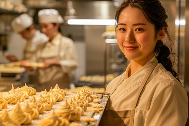 Photo young female pastry chef smiling proudly with tray of freshly piped pastries in professional kitchen