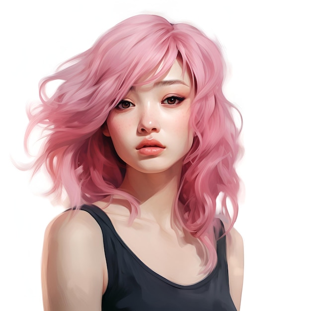 a young female persona a fashionable girl with pink hair on a white background