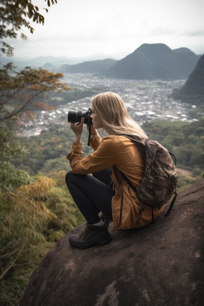 a young female photographer taking a picture of the view created with generative ai