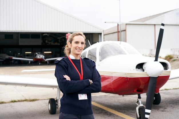 Foto giovane pilota femminile in posa sorridente davanti al suo aereo