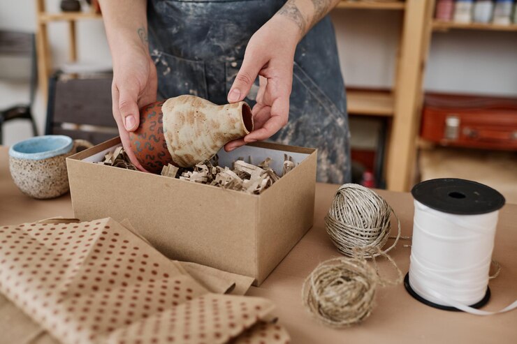 Photo young female pitcher or owner of small pottery shop putting clay jug into box