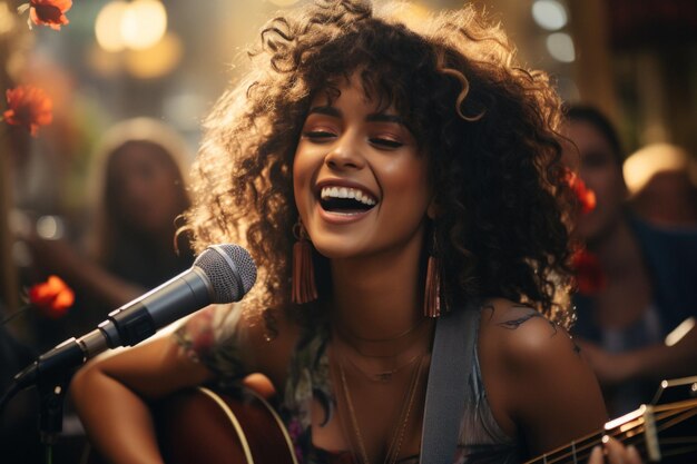 Foto giovane donna che suona la chitarra e canta in un microfono in un bar