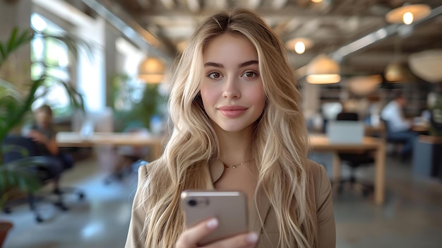 Молодая женщина-профессионал держит смартфон в современном офисном помещении в повседневной деловой обстановке AI